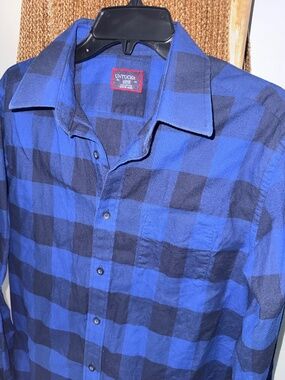 UnTuckit Mens Large Black Blue Plaid Button Down Collard Shirt- 100% Cotton